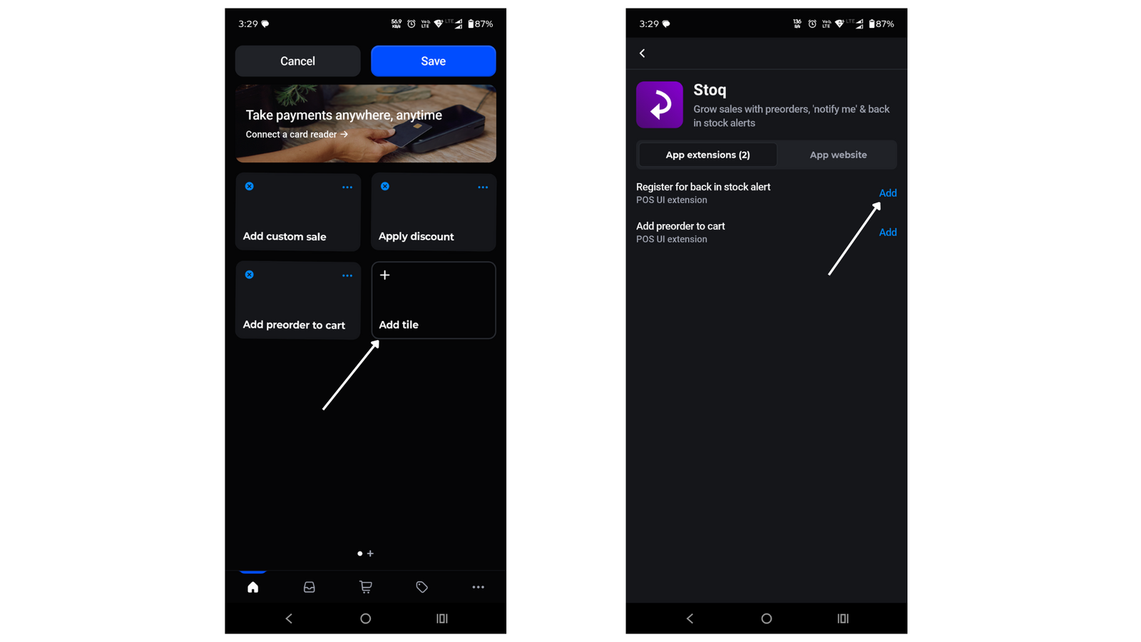 The STOQ section in the Shopify POS app