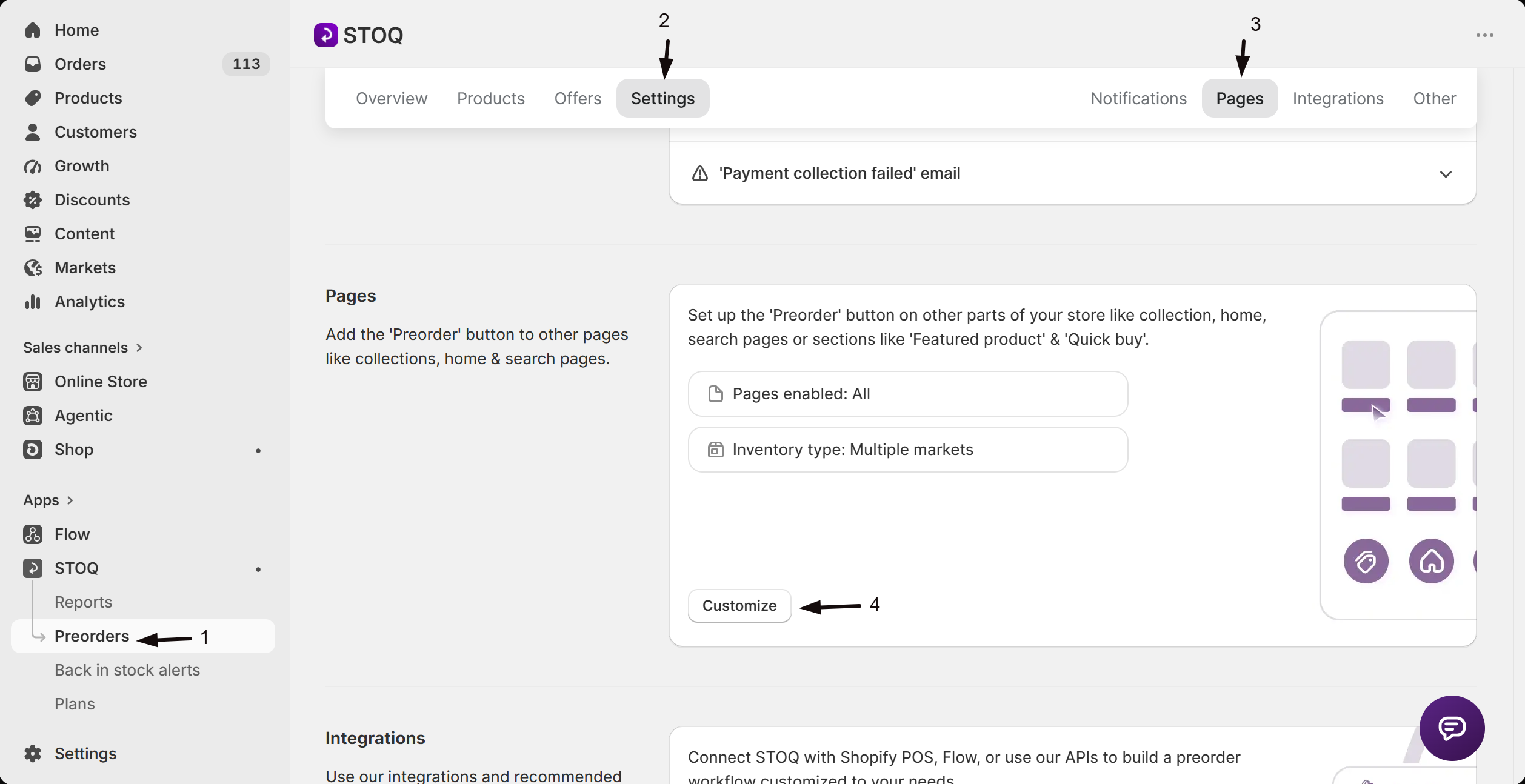 Preorders Settings, Pages sub-tab in the STOQ app