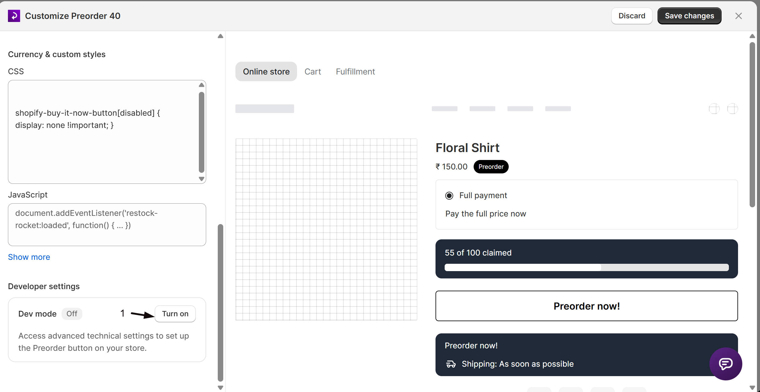 The Developer settings subsection with Dev mode and selector fields