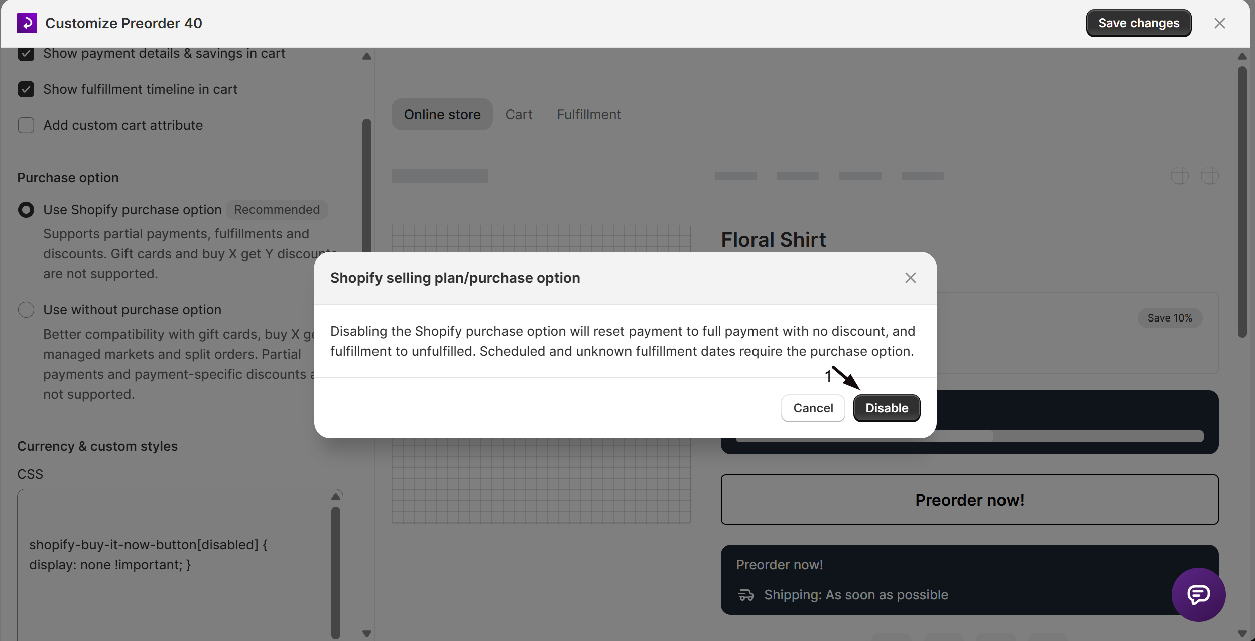 The confirmation dialog for disabling the purchase option