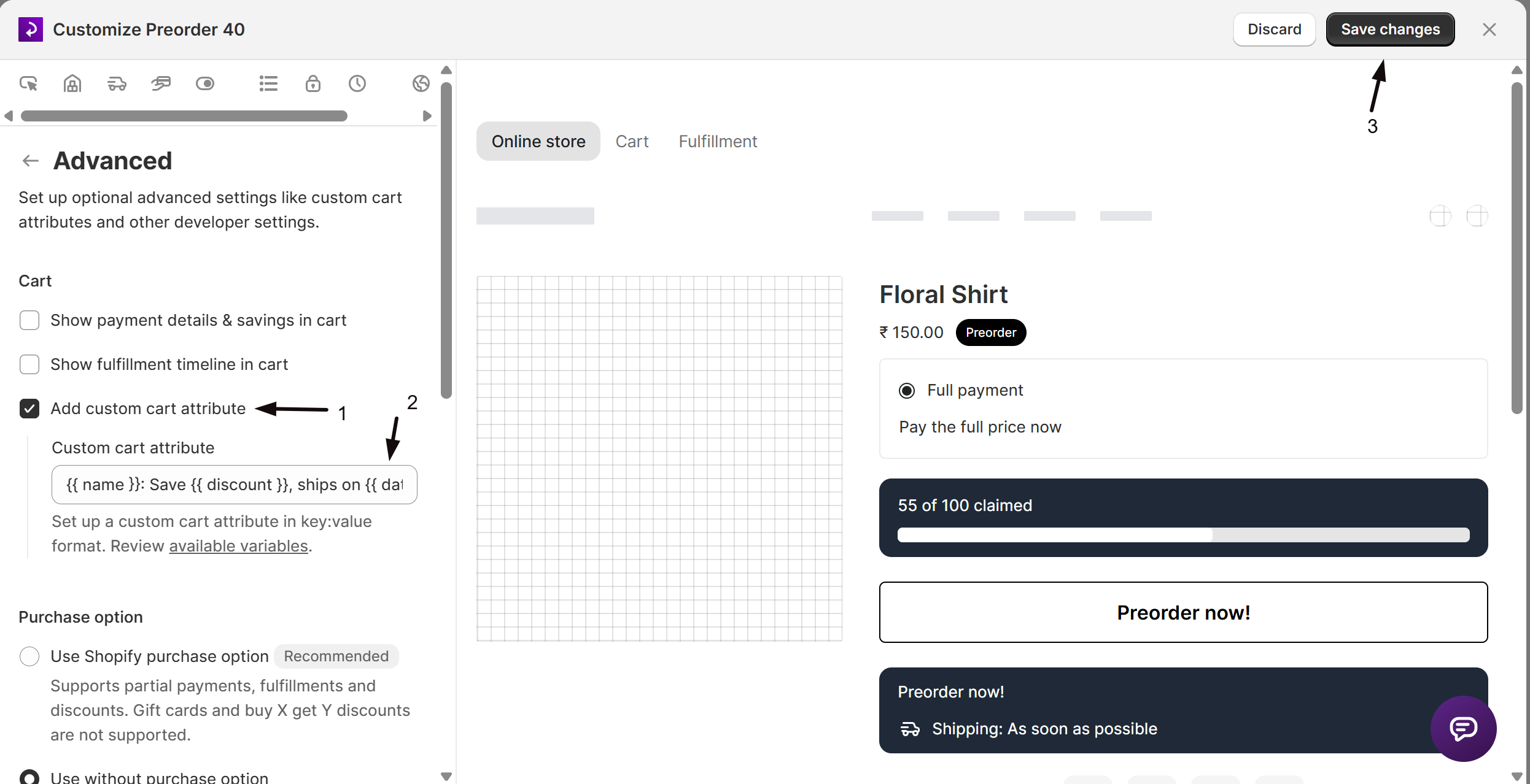 The Cart subsection of Advanced settings