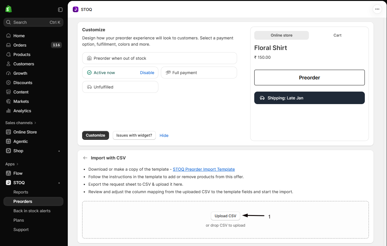 STOQ Import with CSV panel with the Upload CSV button marked in the drop zone