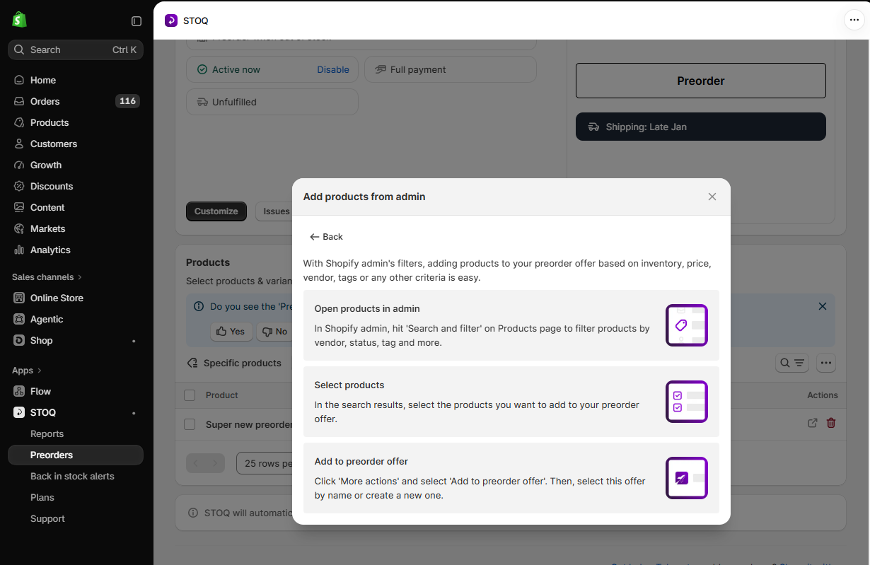 STOQ Add products from admin window listing the Shopify admin steps (Open products in admin, Select products, Add to preorder offer)