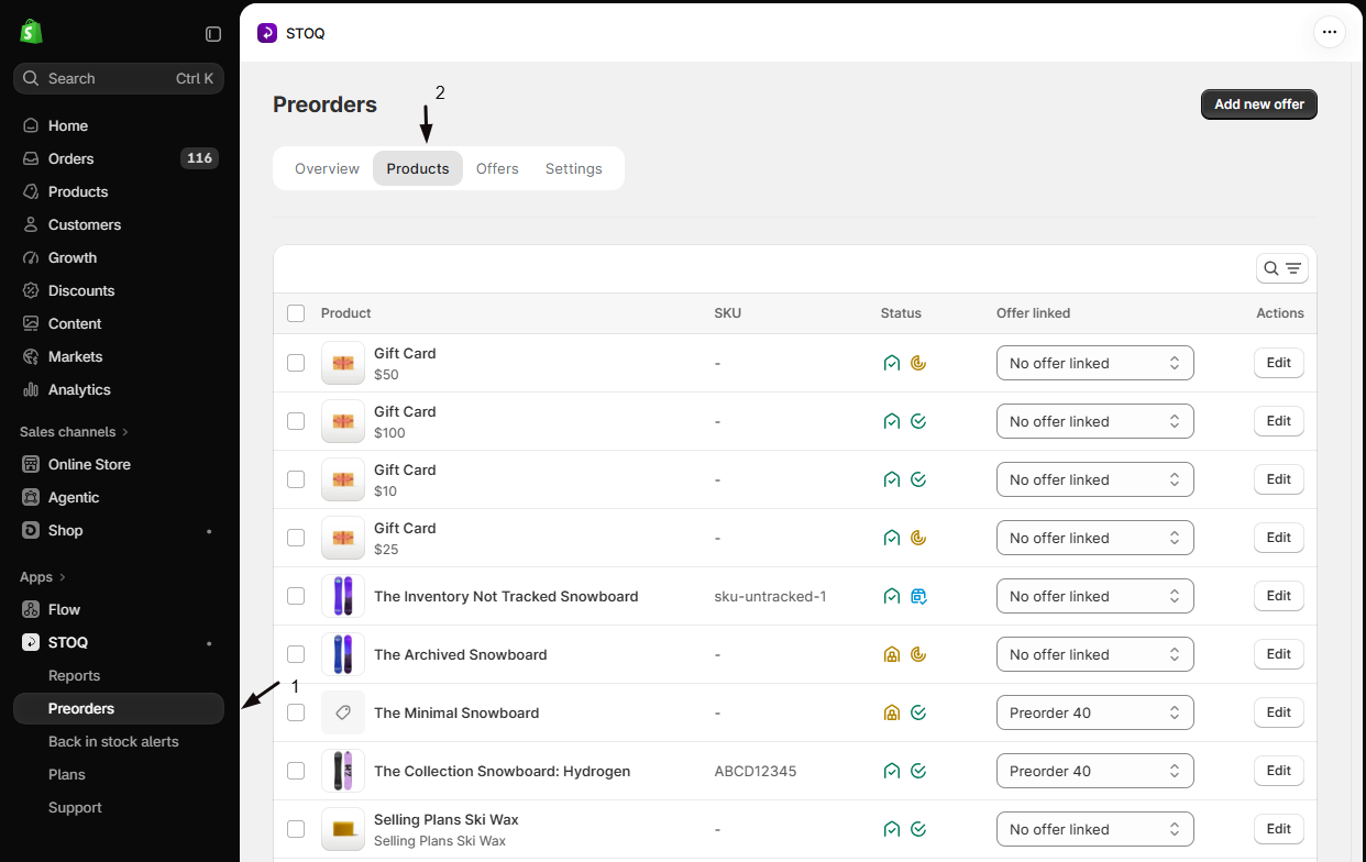 STOQ Preorders Products tab with the Preorders menu and Products tab marked over the variants table