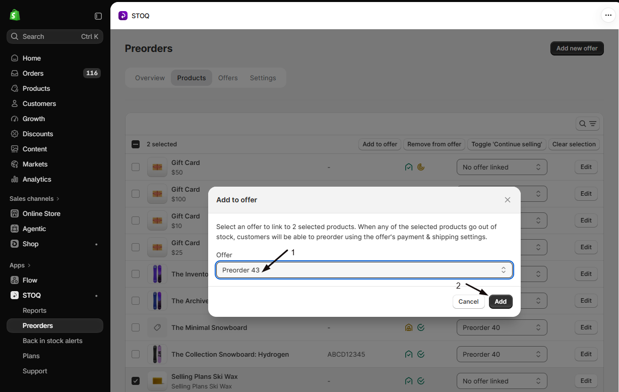 STOQ Add to offer window with the offer dropdown and the Add button marked