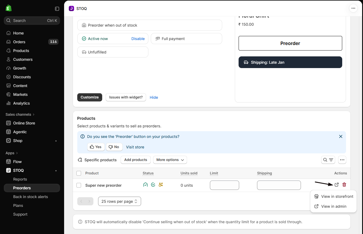 STOQ offer Products table with a variant's View menu open showing View in storefront and View in admin