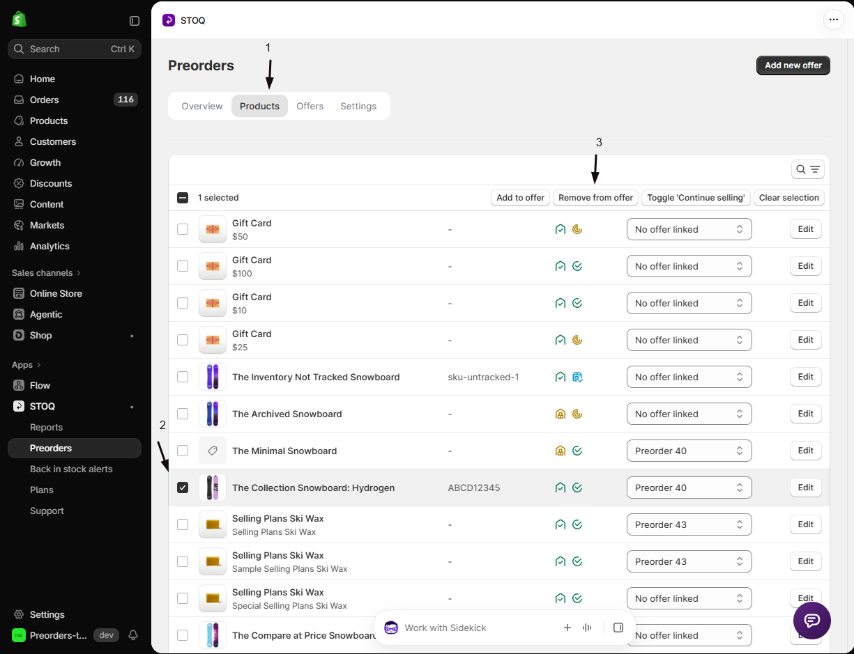 STOQ Preorders Products tab with numbered markers: 1 the Products tab, 2 a selected product's checkbox, 3 the Remove from offer button in the selection toolbar