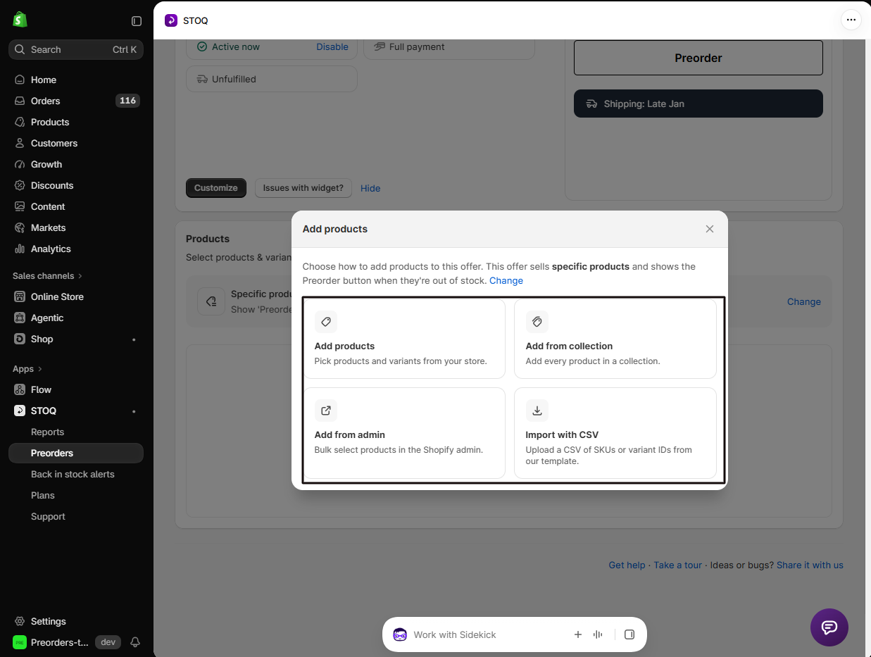 STOQ Add products window highlighting the four options (Add products, Add from collection, Add from admin, Import with CSV)