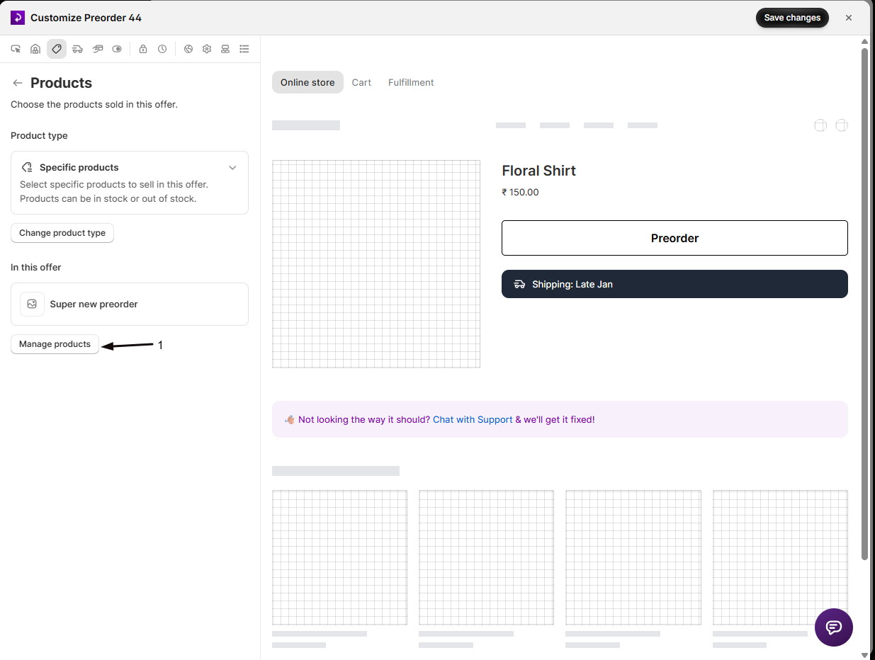 STOQ offer editor Products section showing Specific products with the Manage products button marked