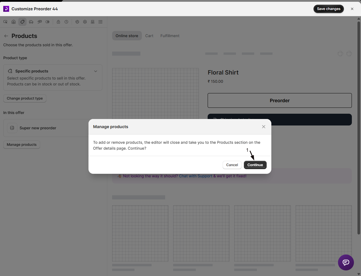STOQ Manage products confirmation window in the editor with the Continue button marked