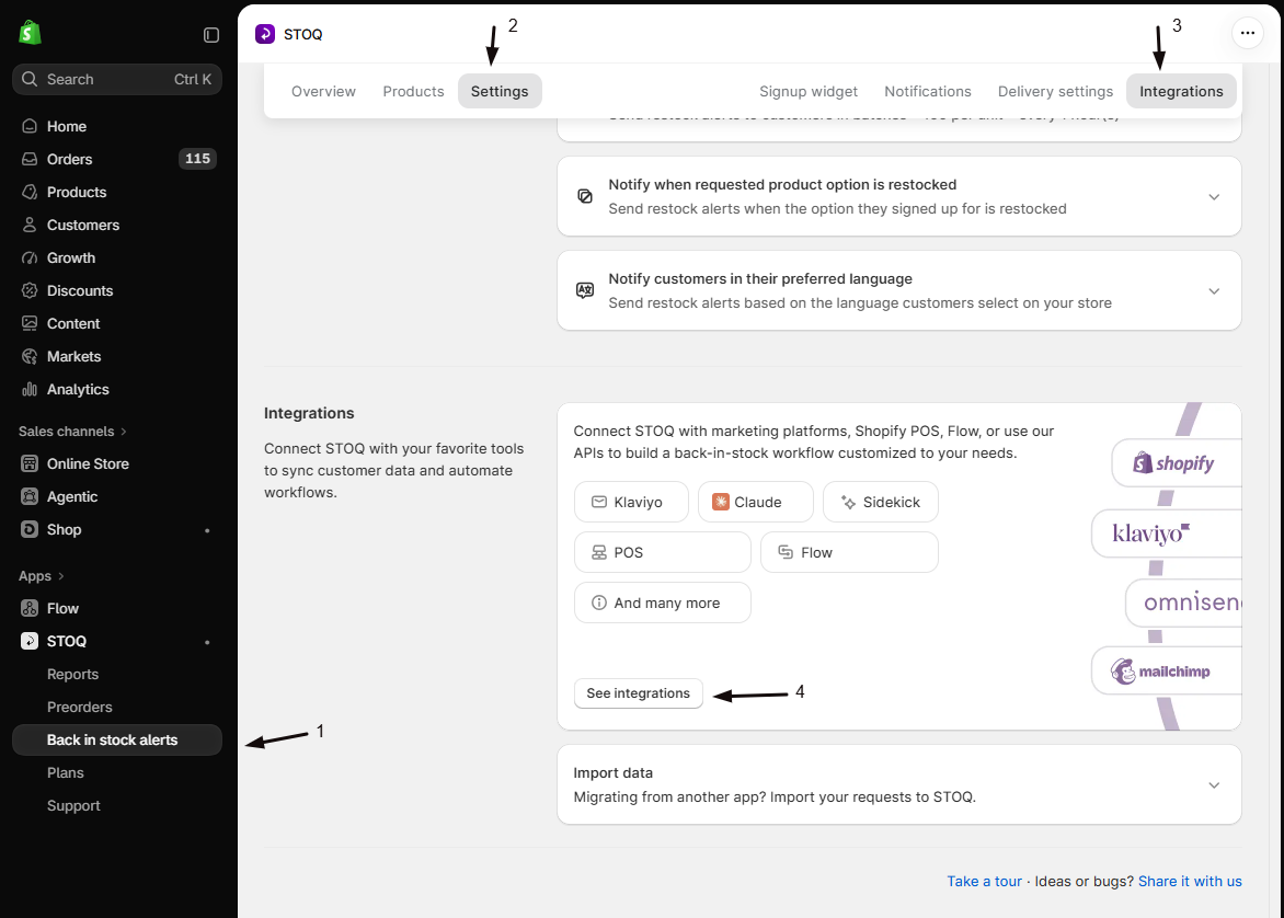 STOQ Back in stock alerts Settings Integrations sub-tab with markers: 1 Back in stock alerts in the left menu, 2 the Settings tab, 3 the Integrations sub-tab, 4 the See integrations button