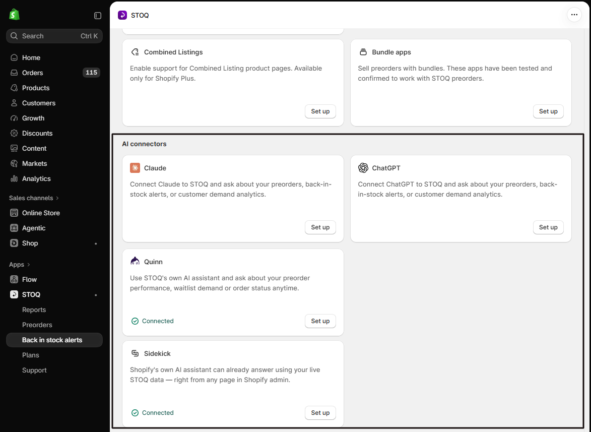 The Integrations page scrolled to the AI connectors section, with cards for Claude, ChatGPT, Quinn (Connected), and Sidekick (Connected), each with a Set up button