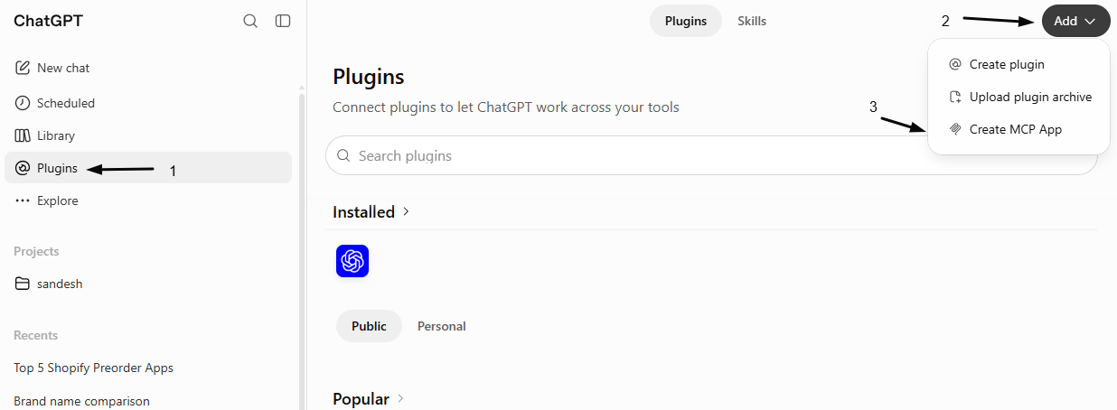 ChatGPT's Plugins page with marker 1 on Plugins in the left menu, marker 2 on the Add dropdown, and marker 3 on Create MCP App