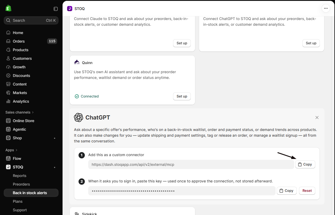 The STOQ ChatGPT panel with the marker on Copy next to the MCP server URL in step 1