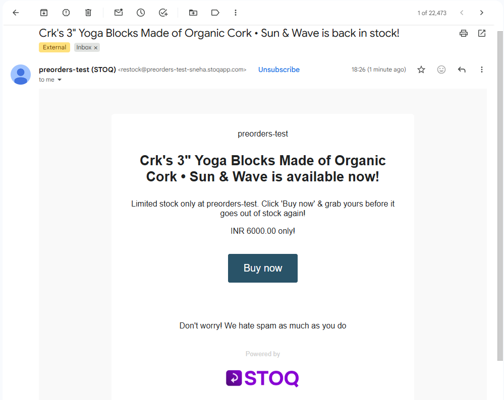 The back in stock alert email received in the test inbox