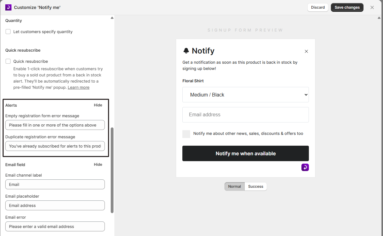The Empty and Duplicate registration error message fields under Alerts