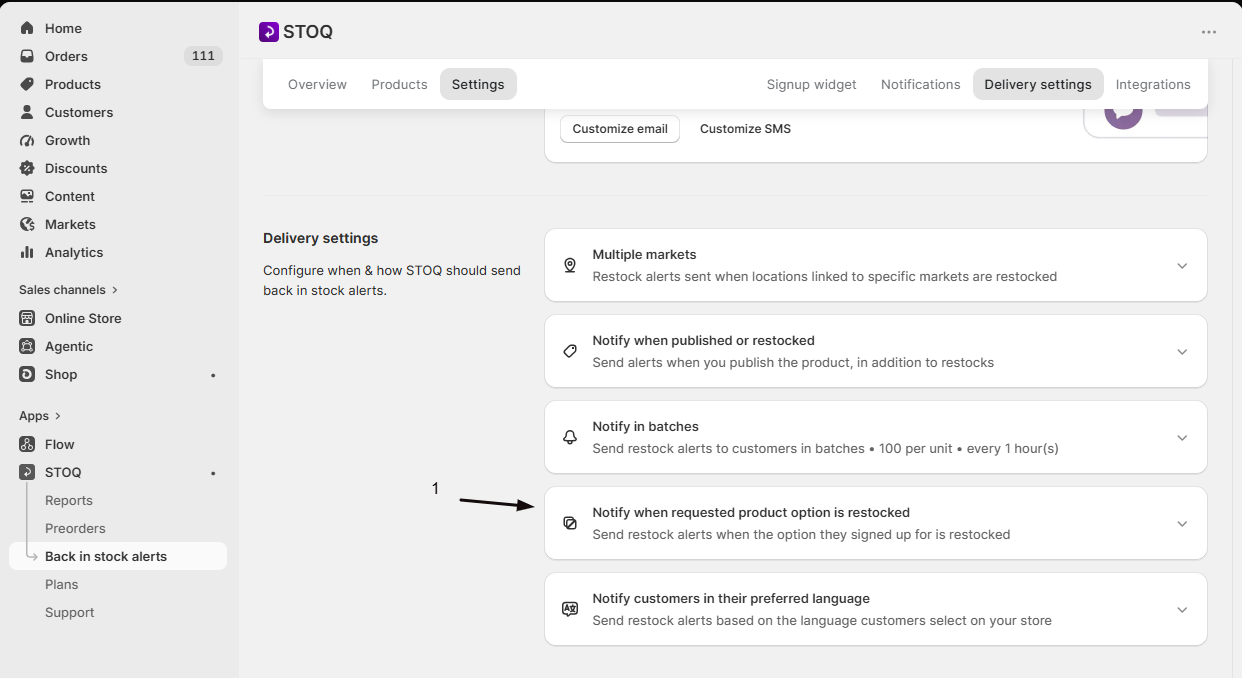 The variant notification card on the Delivery settings page