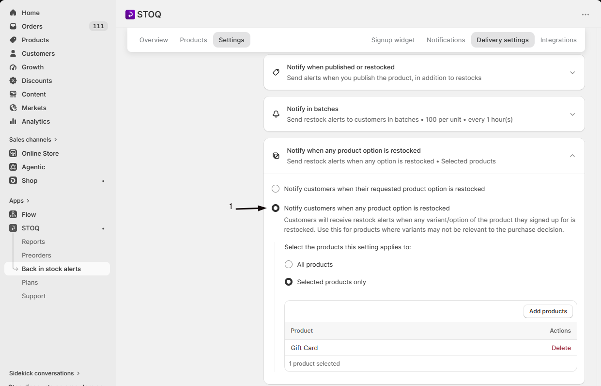 Selecting Notify customers when any product option is restocked