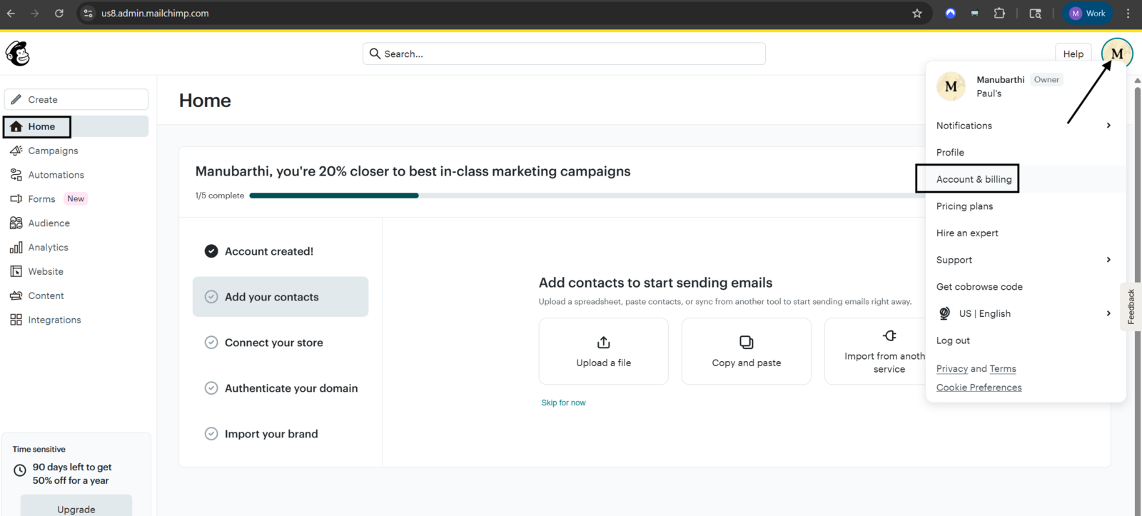 The Mailchimp Account & Billing menu
