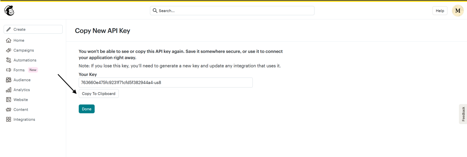 Creating and copying a new Mailchimp API key