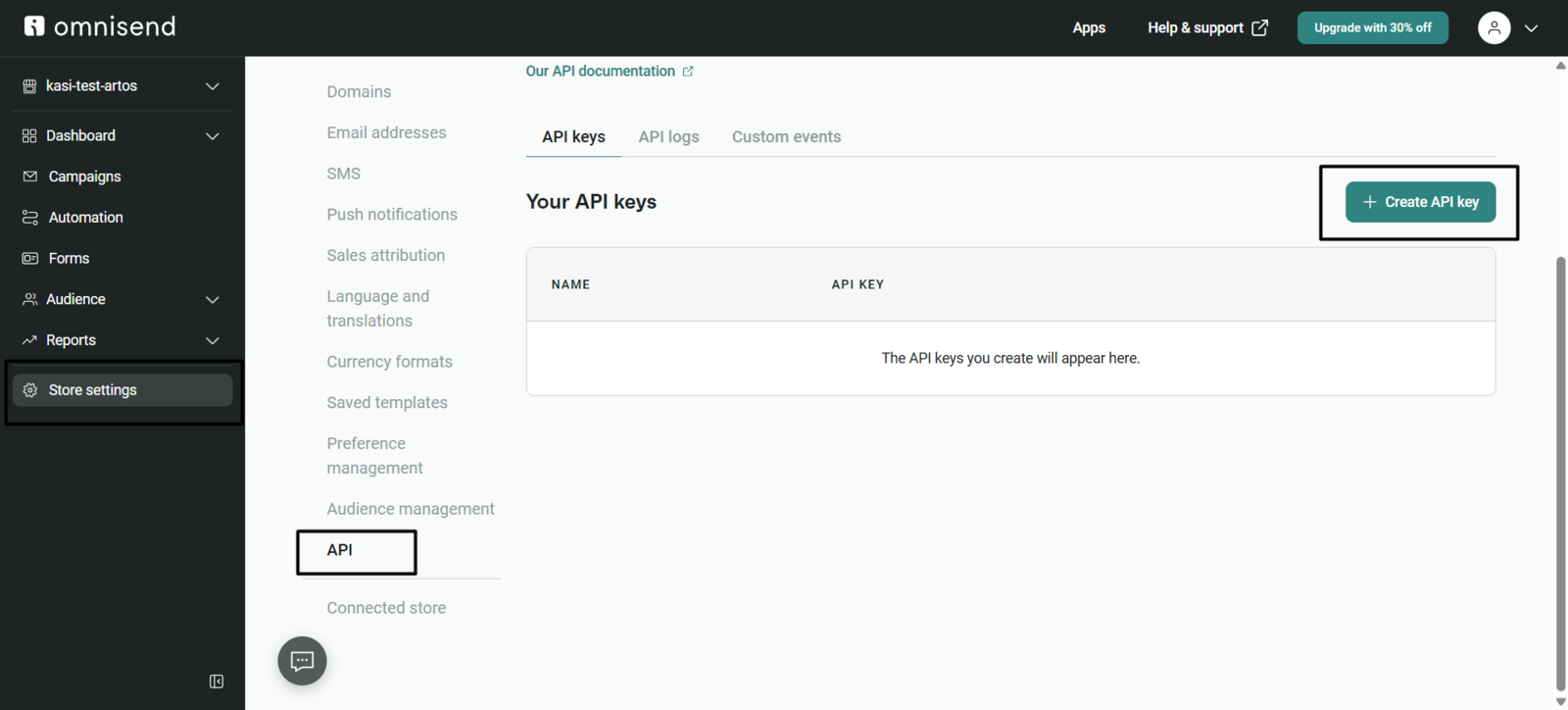 Creating an Omnisend API key with the Contacts permission