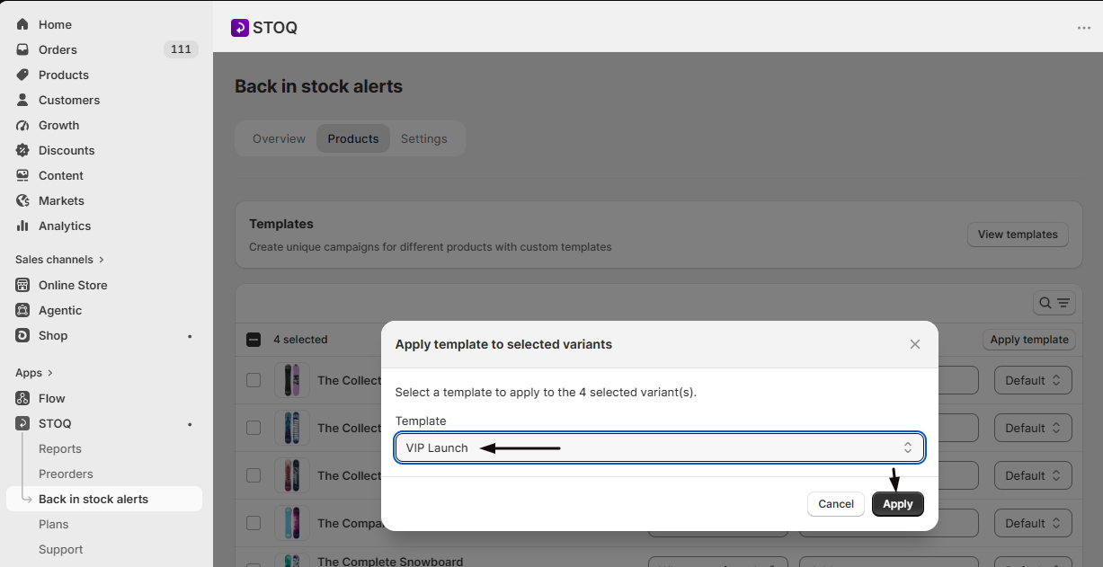 The Apply template to selected products dialog with the Template dropdown