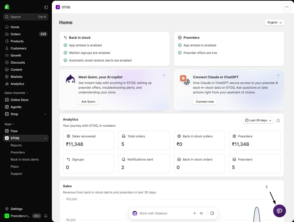 The STOQ Home page with marker 1 on the purple chat icon in the bottom-right corner