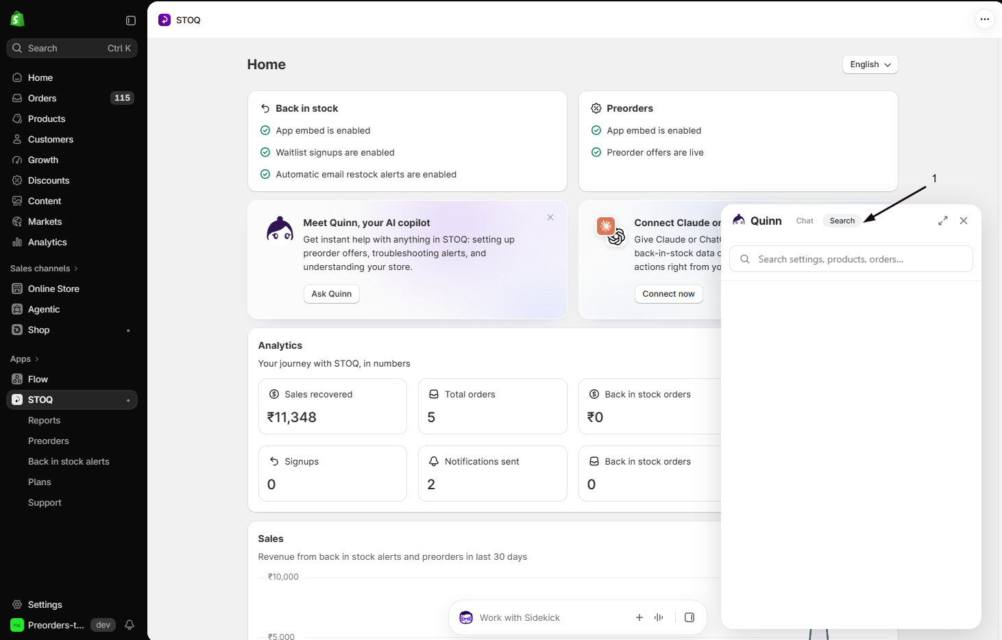 The Quinn panel with marker 1 on the Search tab and the Search settings, products, orders box