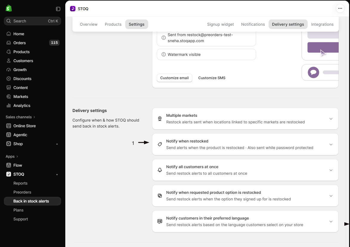 The Delivery settings with marker 1 on the Notify when restocked card (Also sent while password protected)