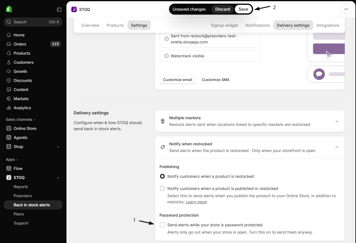 The expanded Notify when restocked card with marker 1 on the Send alerts while your store is password protected checkbox under Password protection, and marker 2 on the Save button