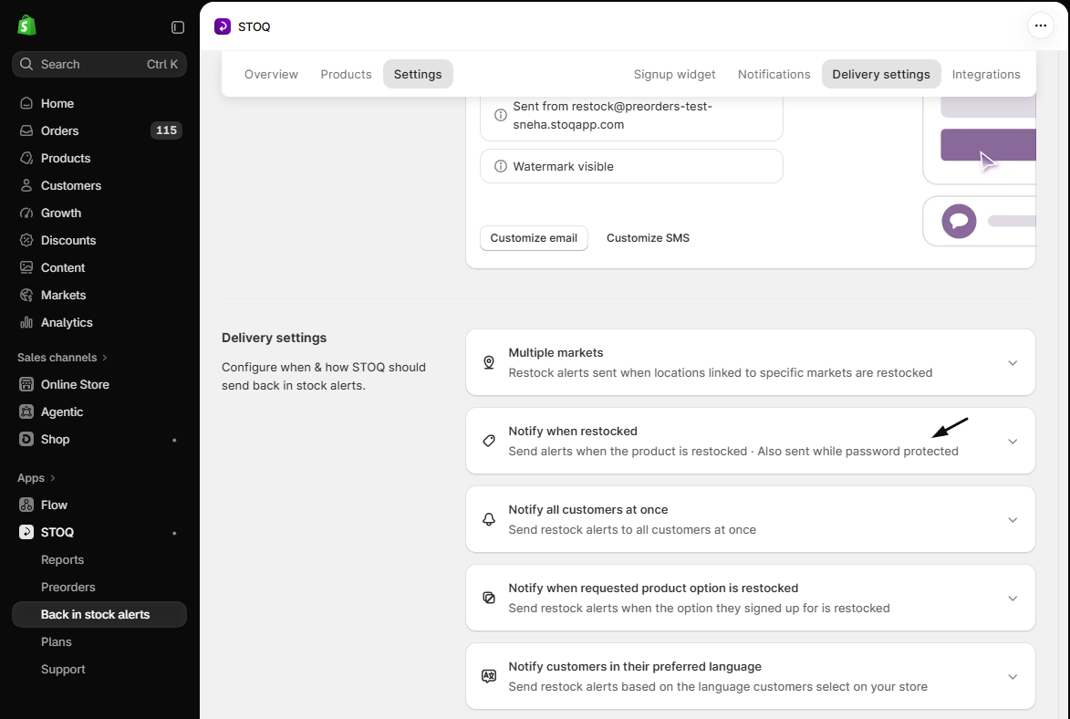 The collapsed Notify when restocked card summary reading Also sent while password protected, indicating the setting is on
