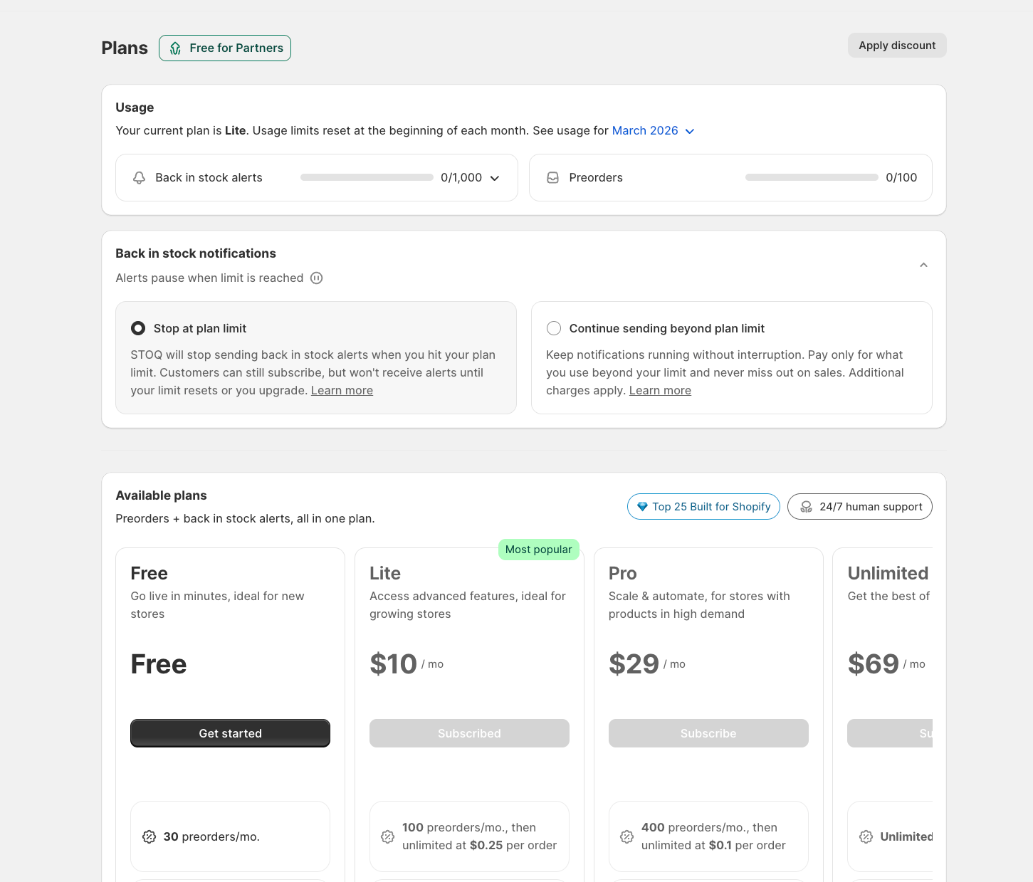 The Back in stock notifications section expanded with the Stop at plan limit (selected) and Continue sending beyond plan limit options