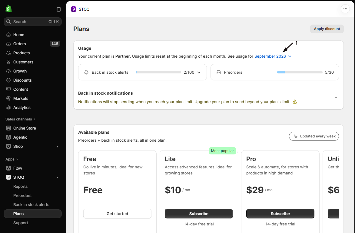 The Plans Usage card with marker 1 on the See usage for month dropdown for reviewing a past month