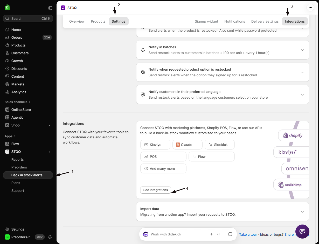 STOQ Back in stock alerts Settings tab with numbered markers: 1 Back in stock alerts in the left menu, 2 the Settings tab, 3 the Integrations sub-tab, 4 the See integrations button