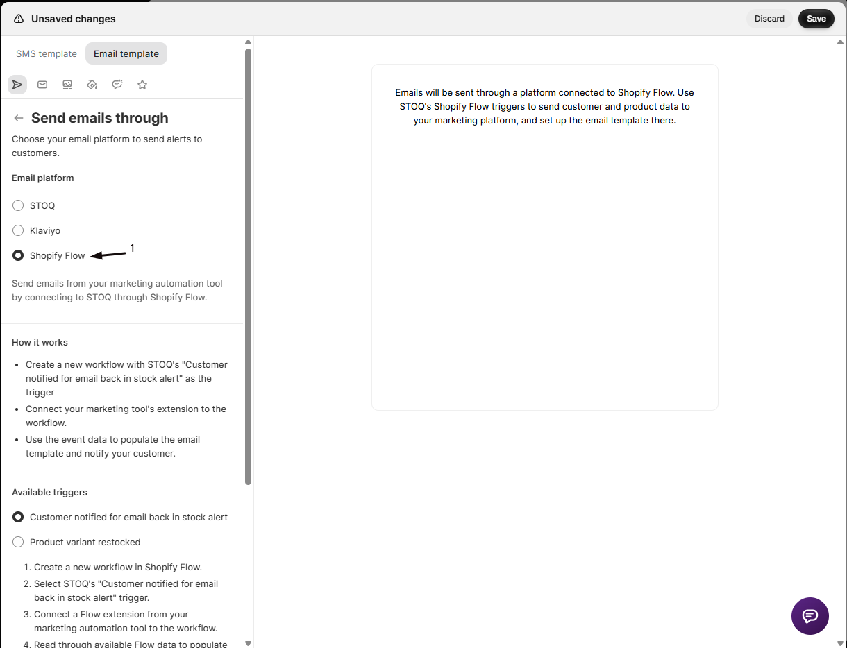 The Send emails through panel with marker 1 on the Shopify Flow radio button under Email platform