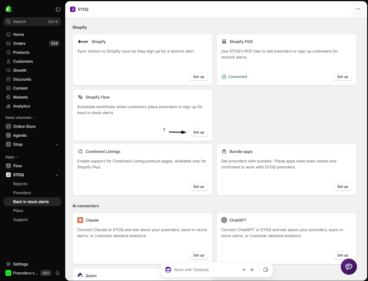 The STOQ Integrations page Shopify section with marker 1 on the Set up button of the Shopify Flow card