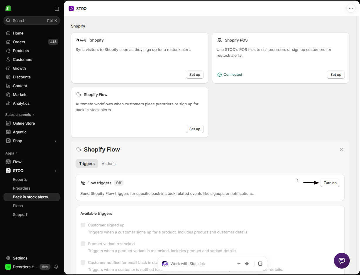 The Shopify Flow panel Triggers tab with Flow triggers Off and marker 1 on the Turn on button