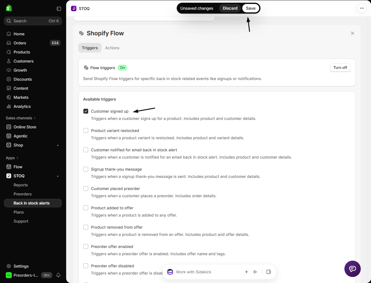 The Shopify Flow panel with Flow triggers On, the Customer signed up trigger checked under Available triggers (marker), and the Save button marked at the top