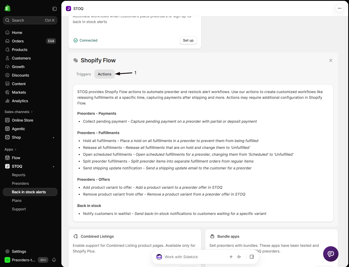 The Shopify Flow panel Actions tab (marker 1) listing STOQ's Flow actions, including Notify customers in waitlist under Back in stock