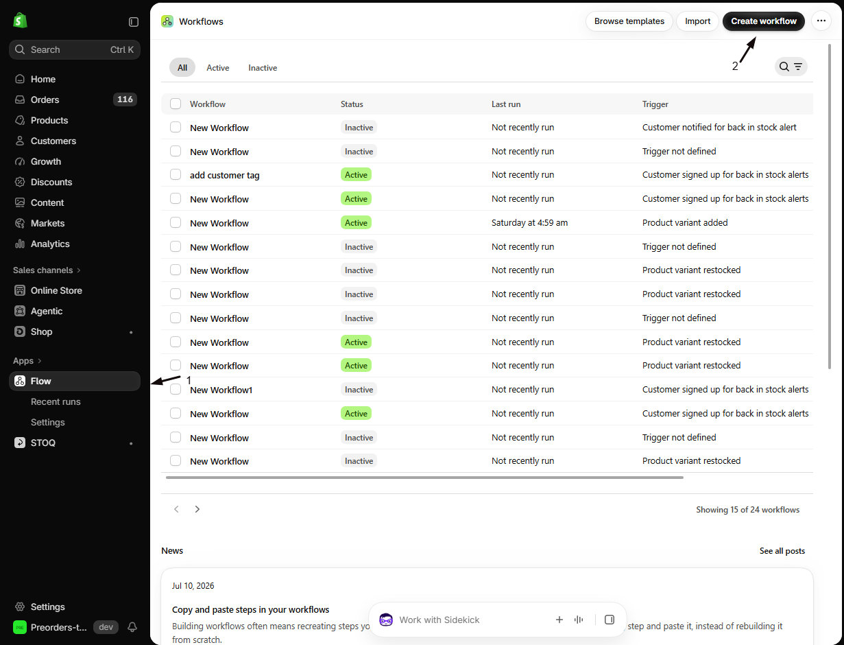 The Shopify Flow app Workflows list with marker 1 on Flow in the left nav and marker 2 on the Create workflow button