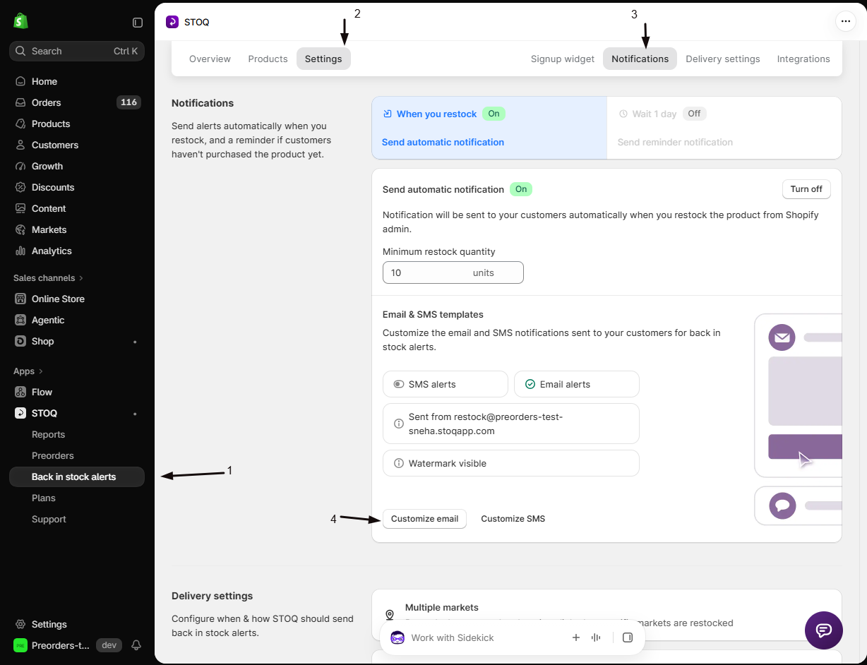 STOQ Back in stock alerts Settings Notifications sub-tab with numbered markers: 1 Back in stock alerts in the left menu, 2 the Settings tab, 3 the Notifications sub-tab, 4 the Customize email button