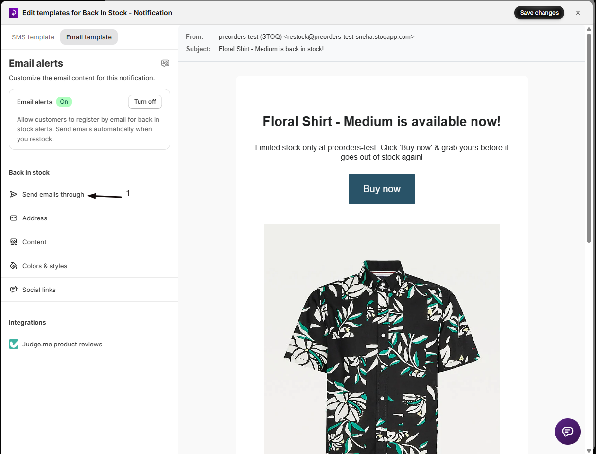 The Back in stock notification email template editor with marker 1 on the Send emails through item in the sidebar