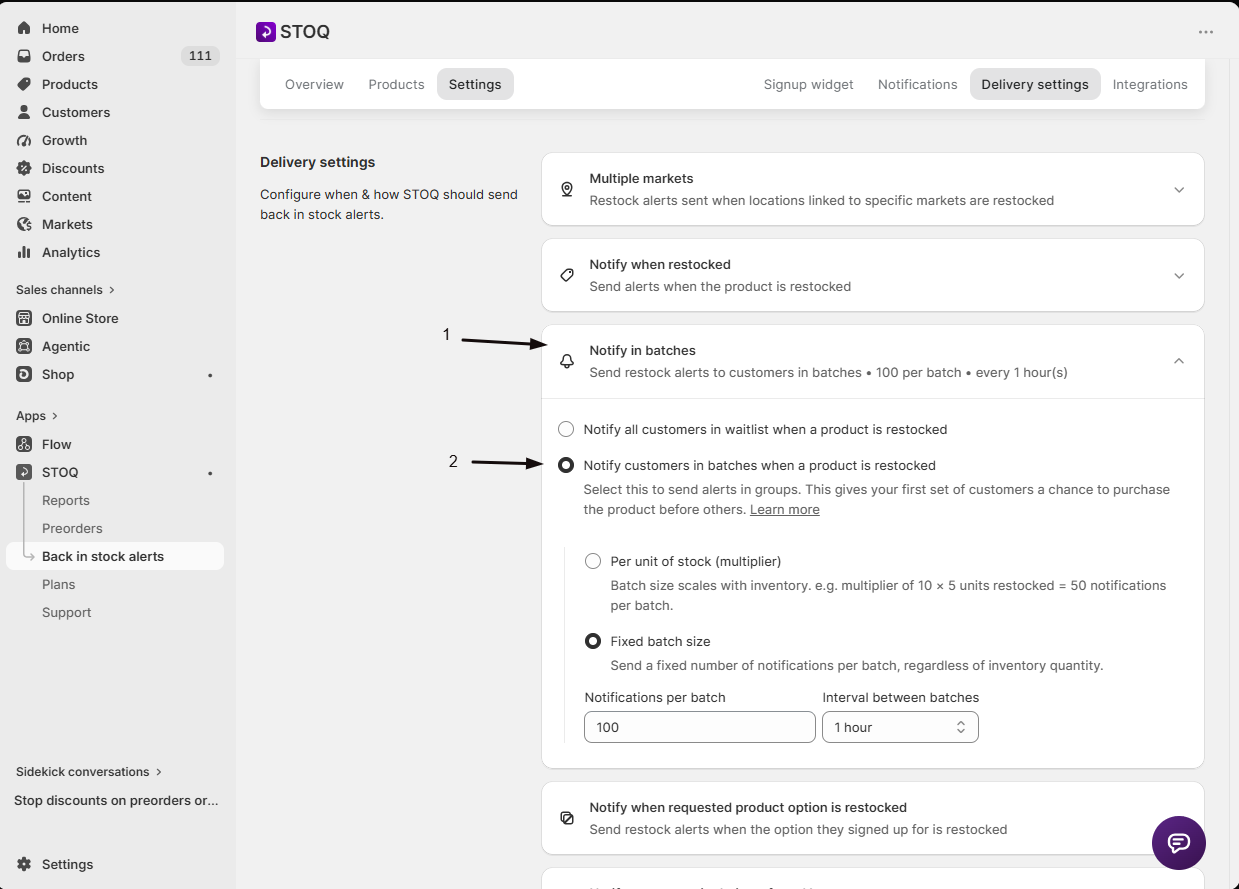 Selecting Notify customers in batches when a product is restocked