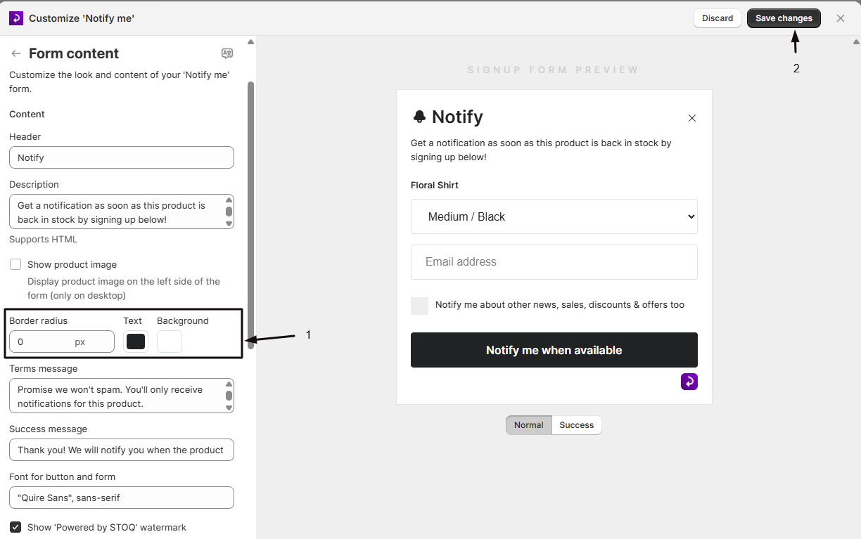 The Border radius, Text color, and Background color controls for the form