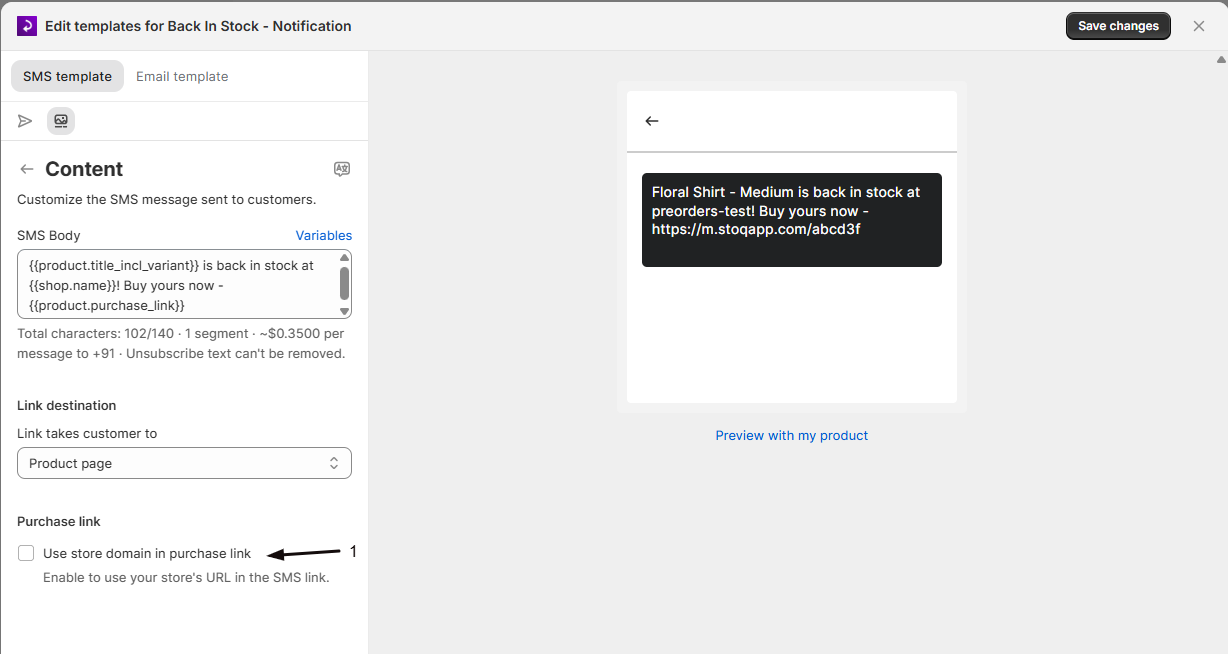The Use store domain in purchase link checkbox with the link preview