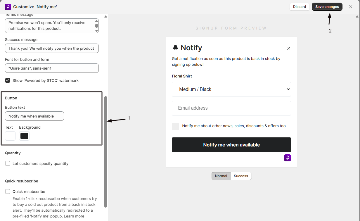 The Button text, Text color, and Background color controls for the form's submit button