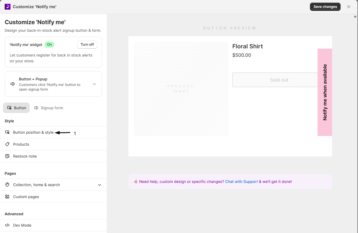 The Button tab with Button position & style selected in the Style sidebar, showing the live button preview