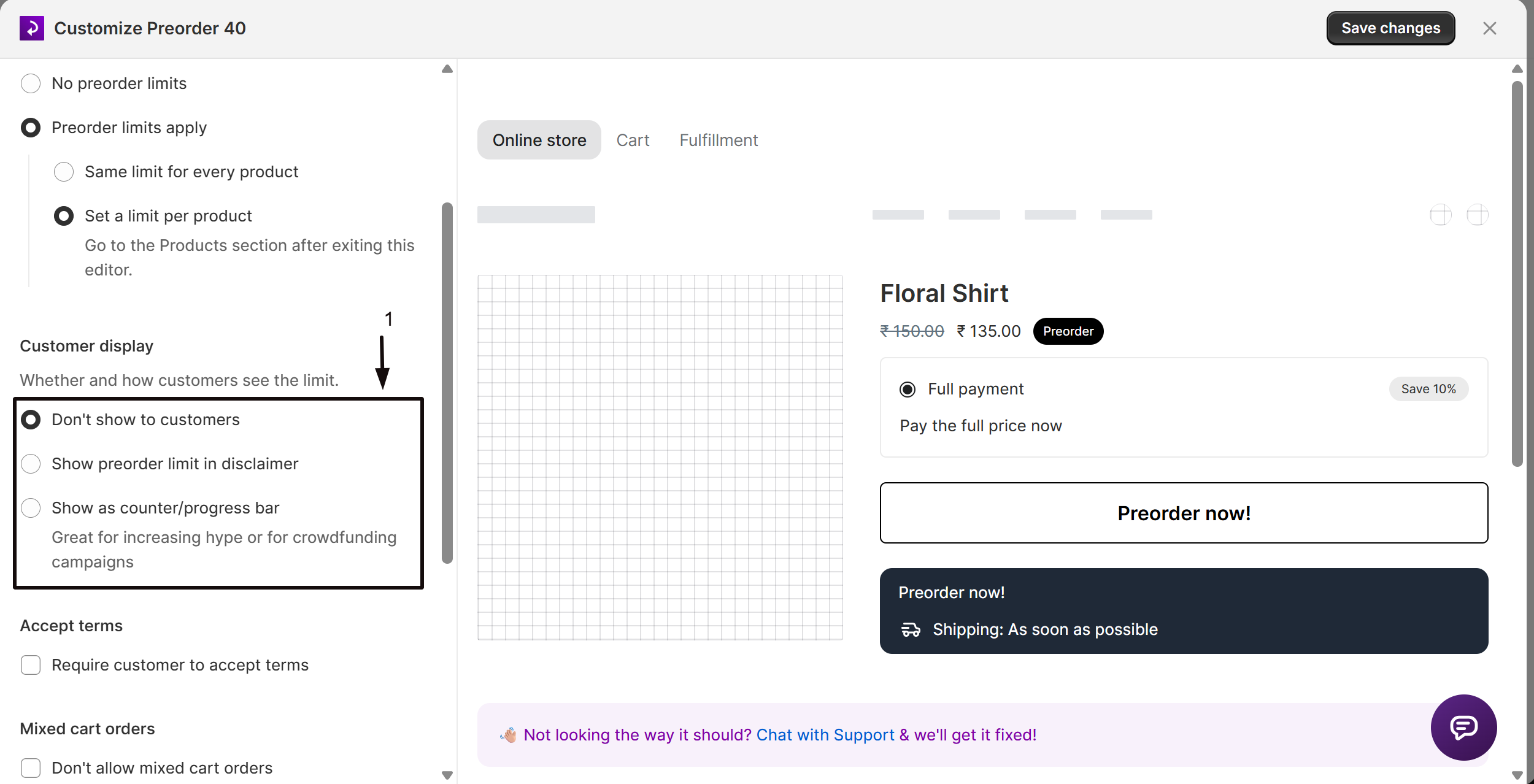 The Customer display options for the preorder limit