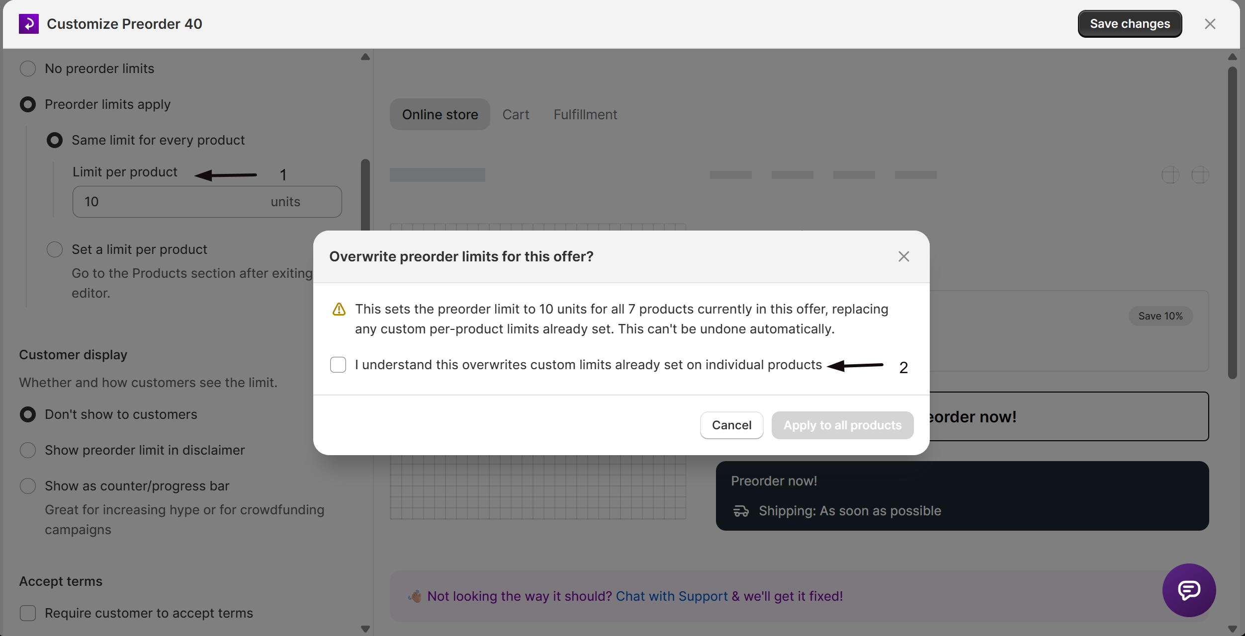 The Overwrite preorder limits confirmation dialog