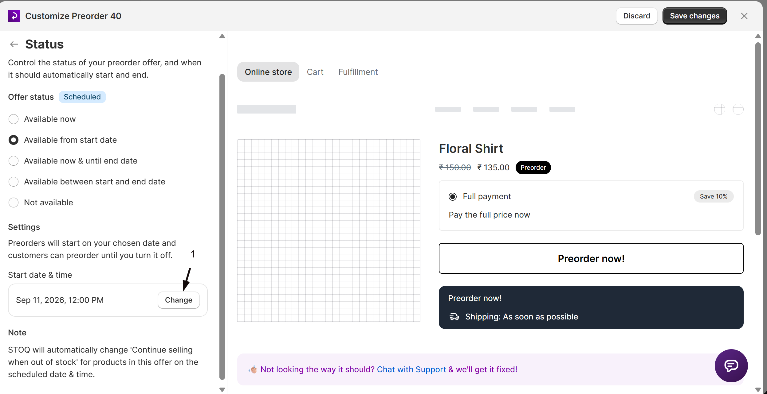 The date and time picker for a scheduled offer